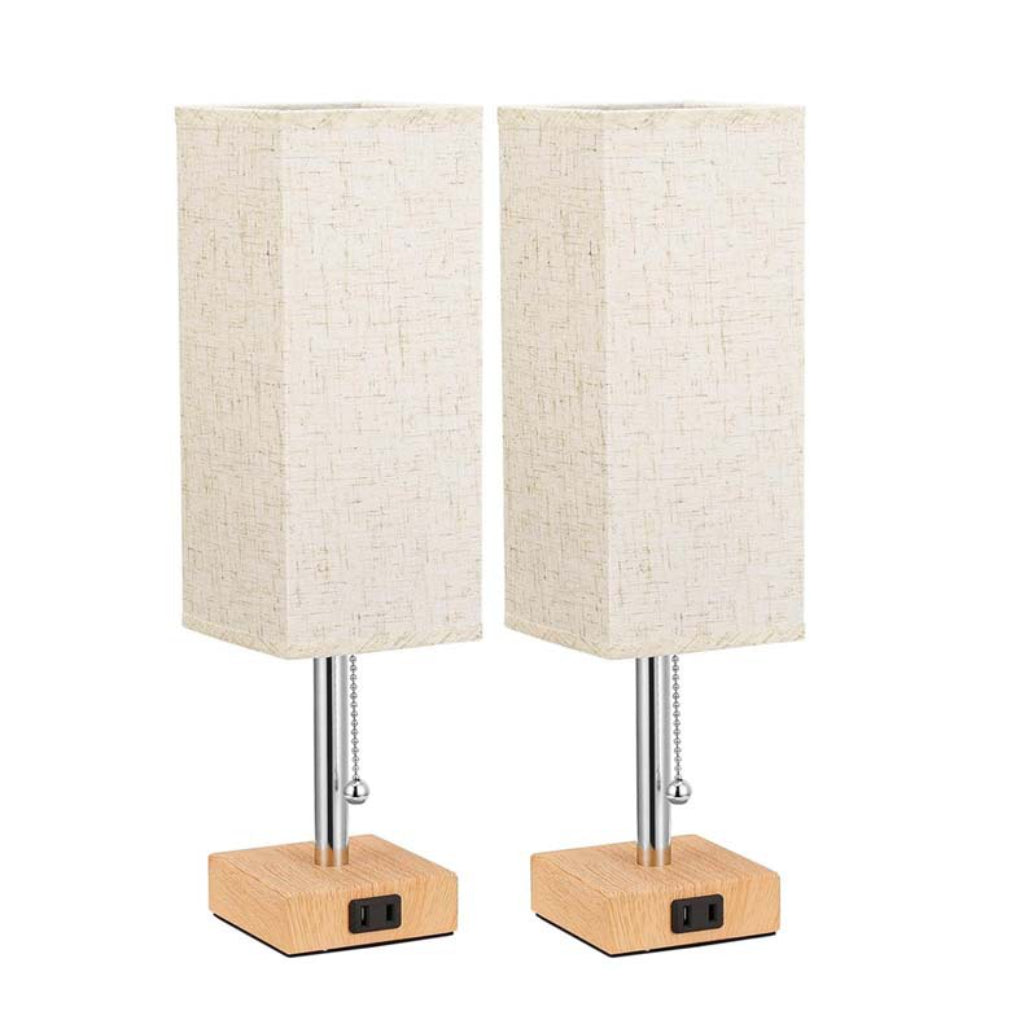 Modern Pull Chain Bedside Table Lamp with Dual USB Ports, Fabric Shade, 110V US Plug Velumoza