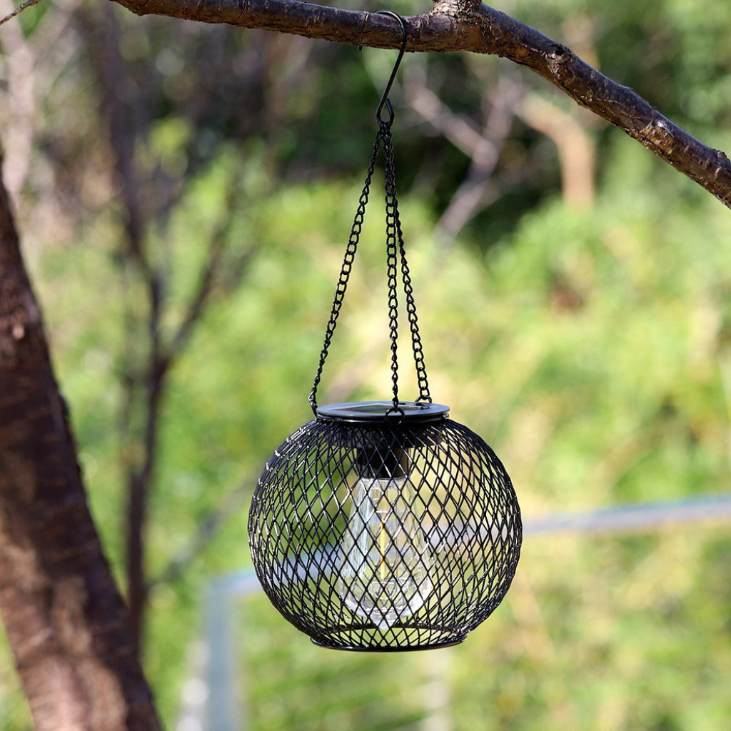 Solar Outdoor Hanging Lantern – Black Iron Mesh LED Chandelier for Garden, Patio, Balcony & Courtyard Decoration