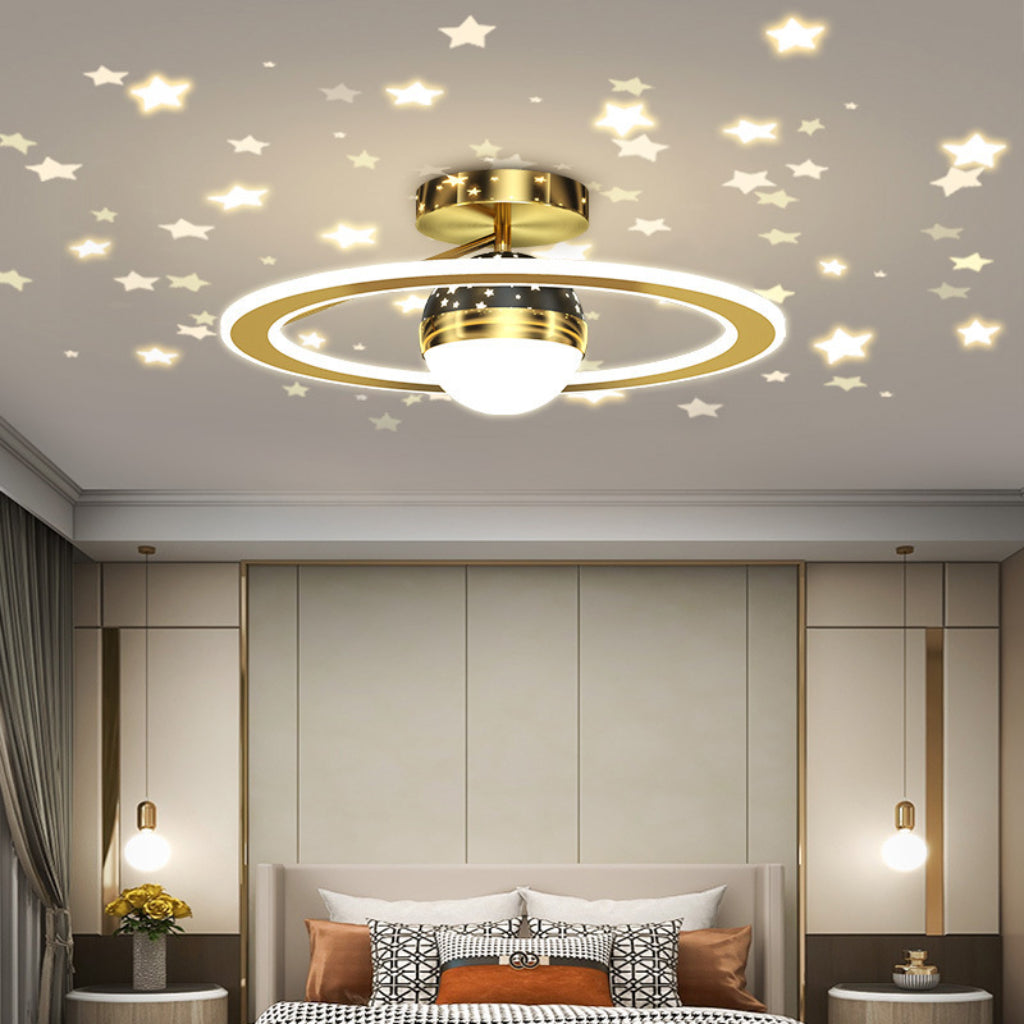 Modern 19.69-Inch Gold & Black LED Ceiling Light – Romantic Moon Star Sky Flush Mount Fixture for Kids’ Bedroom, Nursery & Modern Home Decor Velumoza
