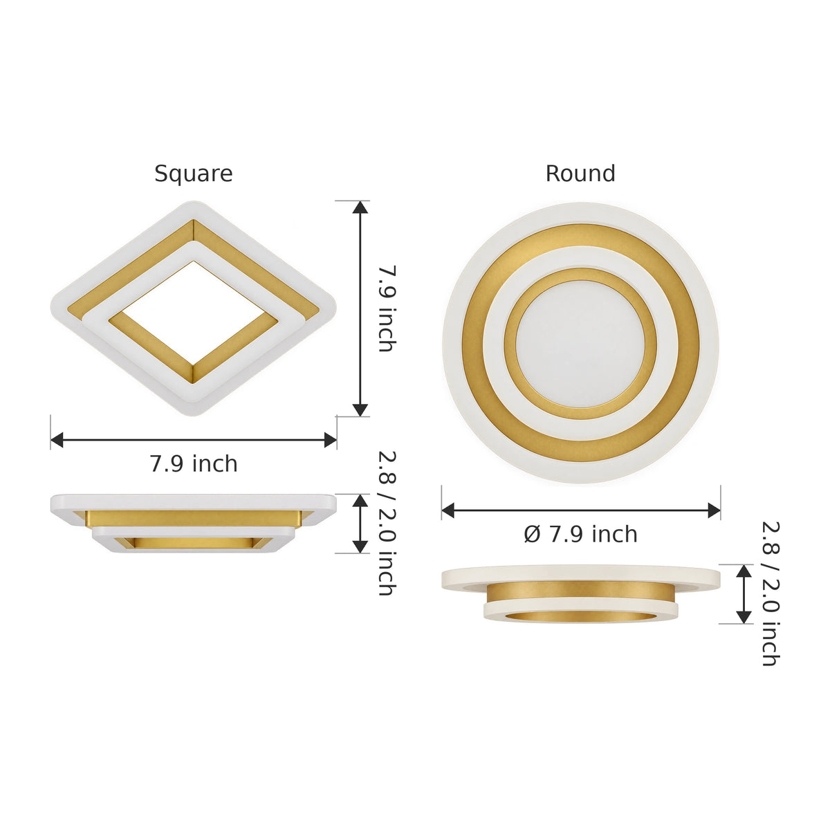 Square or Round Flush Mount Ceiling Light, 3-Color LED, Black or Gold - Dimensions