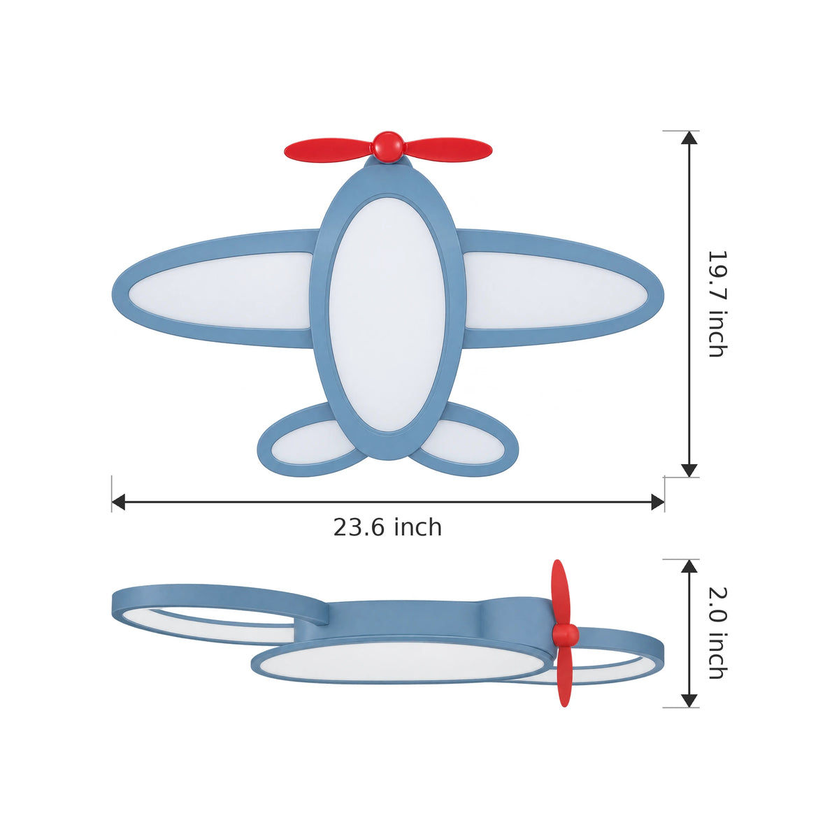 Kids Airplane Flush Mount LED Ceiling Light, 23.62 in, Blue, 56W - Dimensions