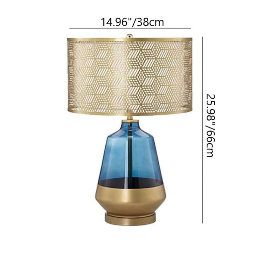 Luxury Blue Glass Table Lamp with Fabric Shade, E26 Modern Bedside Accent Lamp for Bedroom & Living Room, 110V