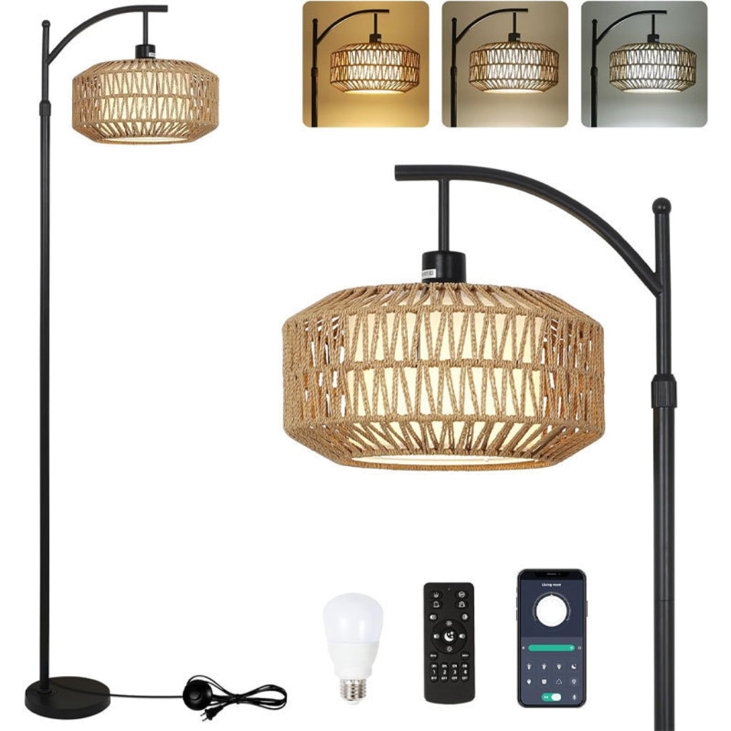 Handwoven Rattan Floor Lamp with Foot Switch, Farmhouse Boho Standing Lamp, 110V US Plug, Natural Wicker Living Room Floor Light