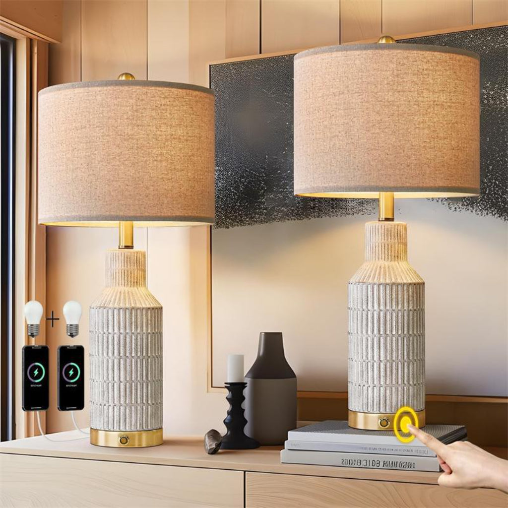 Modern Ceramic Table Lamp with Touch Control, USB-A & USB-C Charging – Bedside Lamp Velumoza