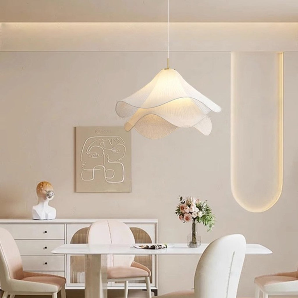 Nordic Cream Fabric Pendant Chandelier – Light Luxury French Style Warm Hanging Ceiling Light for Bedroom, Living Room & Dining Room – 15.75-Inch to 23.62-Inch Velumoza