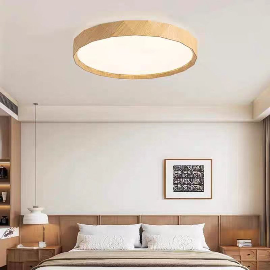Modern Wood Grain LED Ceiling Light – Geometric Flush Mount, 24W/39W, Dimmable Remote Control, 110V