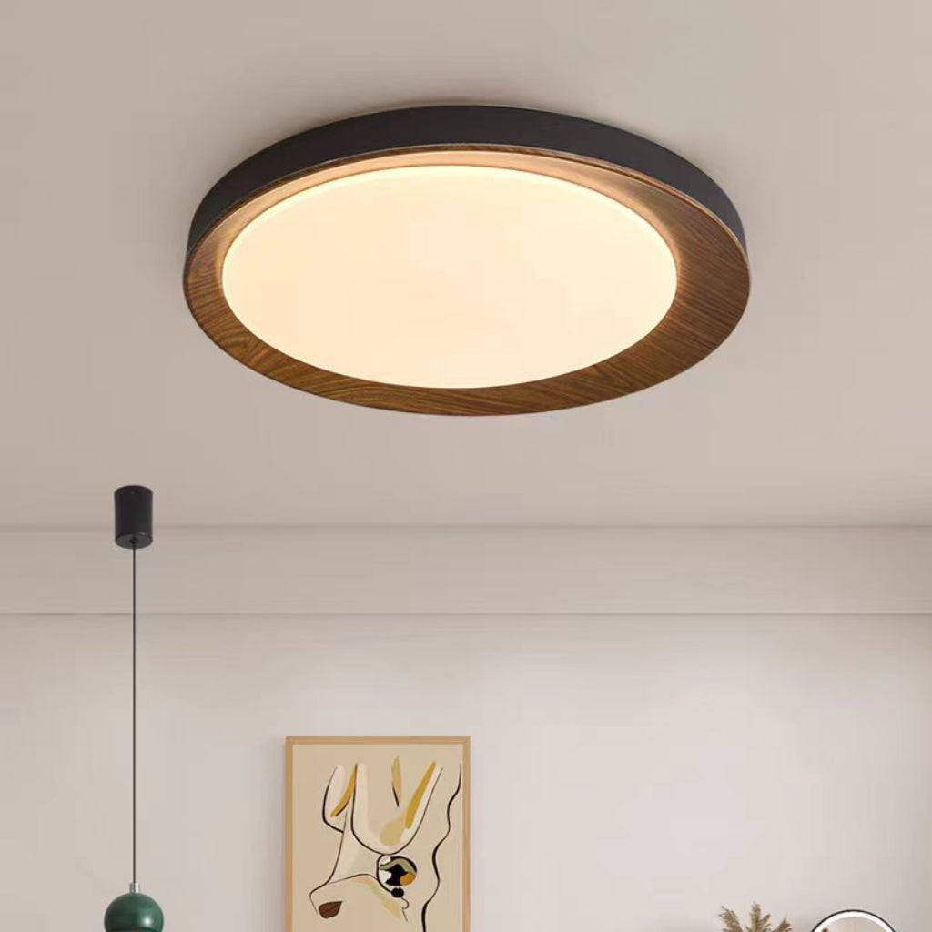 Modern Wood Grain LED Ceiling Light – 19.69" Round Flush Mount, 39W Dimmable Remote Control, 110V