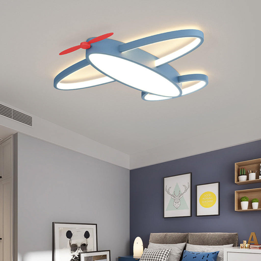 Creative Airplane LED Ceiling Light – 23.62 in Blue Kids Bedroom Three-Color Ceiling Fixture Velumoza
