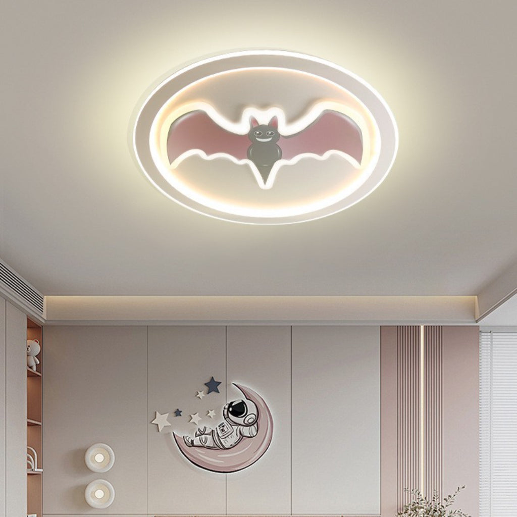 Modern 15.75-Inch 76W Round Bat LED Ceiling Light – Creative RGB Atmosphere Flush Mount Bedroom Light with Red Accent & Dimmable Lighting Velumoza