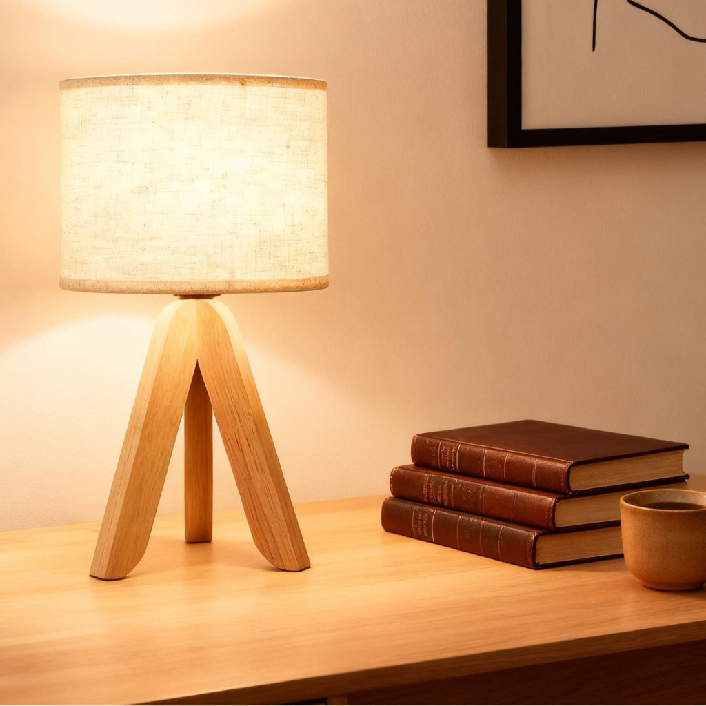 Modern Wooden Tripod Table Lamp with Fabric Shade, USB Dimming for Bedroom and Living Room Velumoza