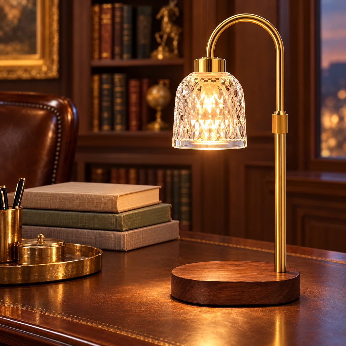 Diamond-Cut Glass Candle Warmer Lamp - Gold Pole, Walnut Base