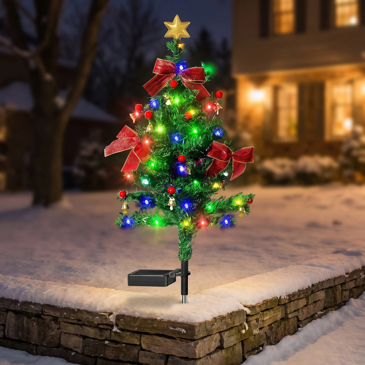 Solar Christmas Lights Tree Stakes, Stainless Steel — 75cm red fruit Christmas tree (single piece) square board