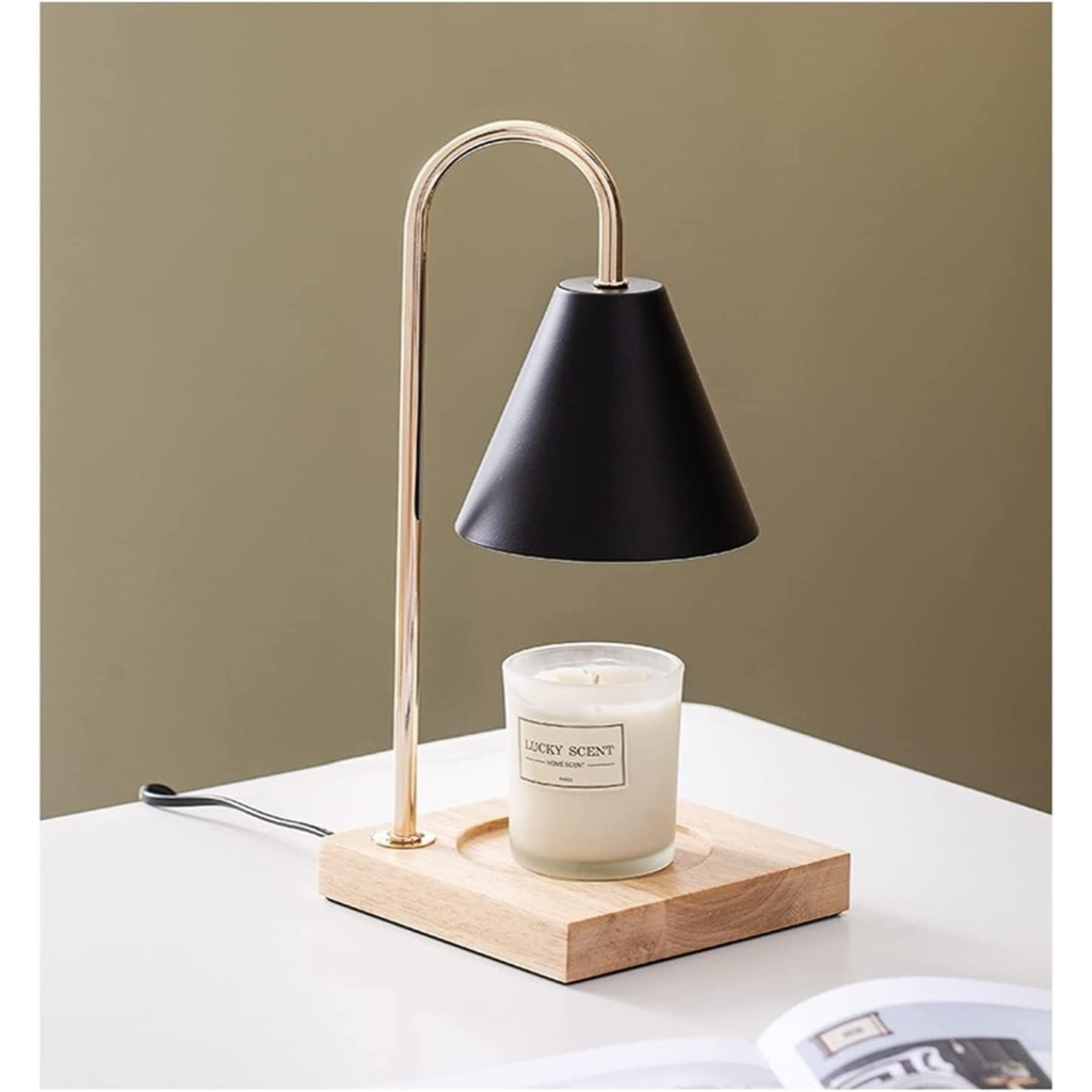 Candle Warmer Table Lamp with Square Solid Wood Base & Cone Shade Velumoza