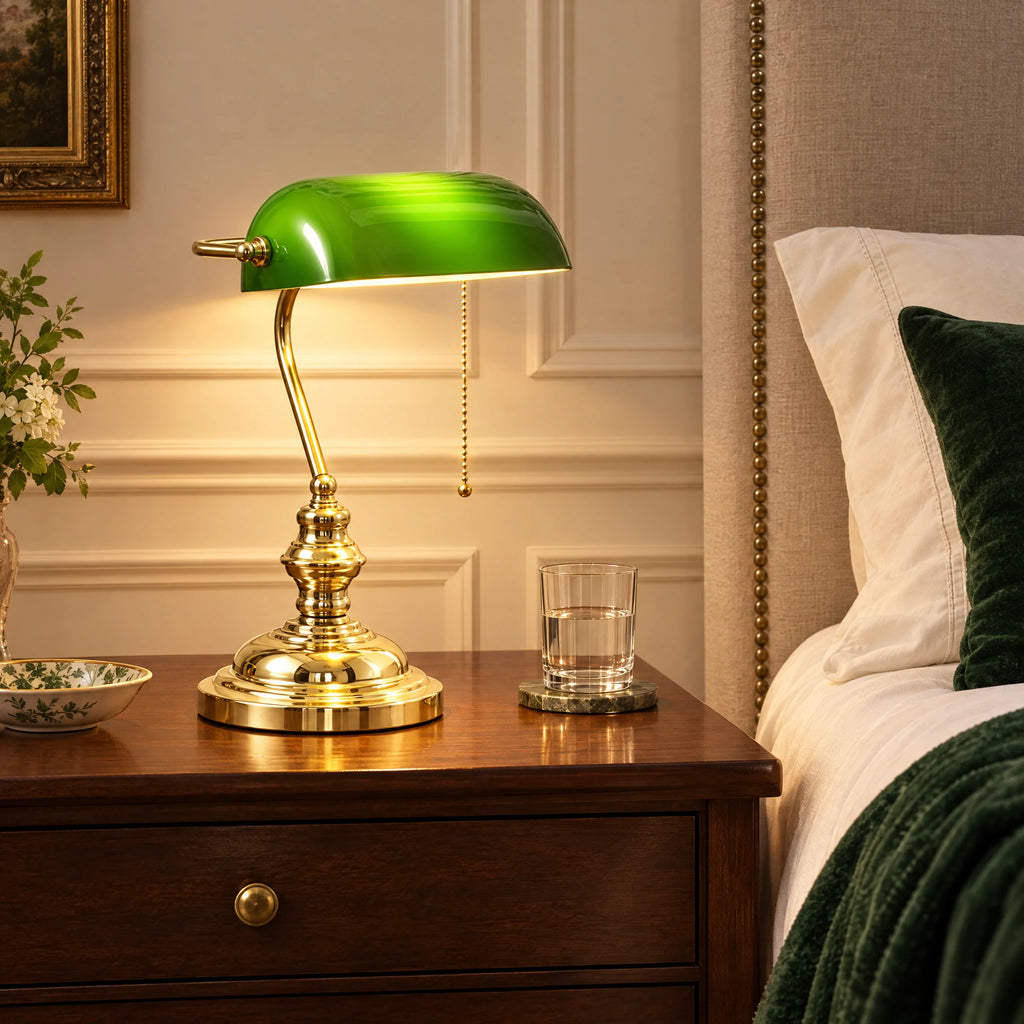Bankers Lamp - Gold + Green Glass