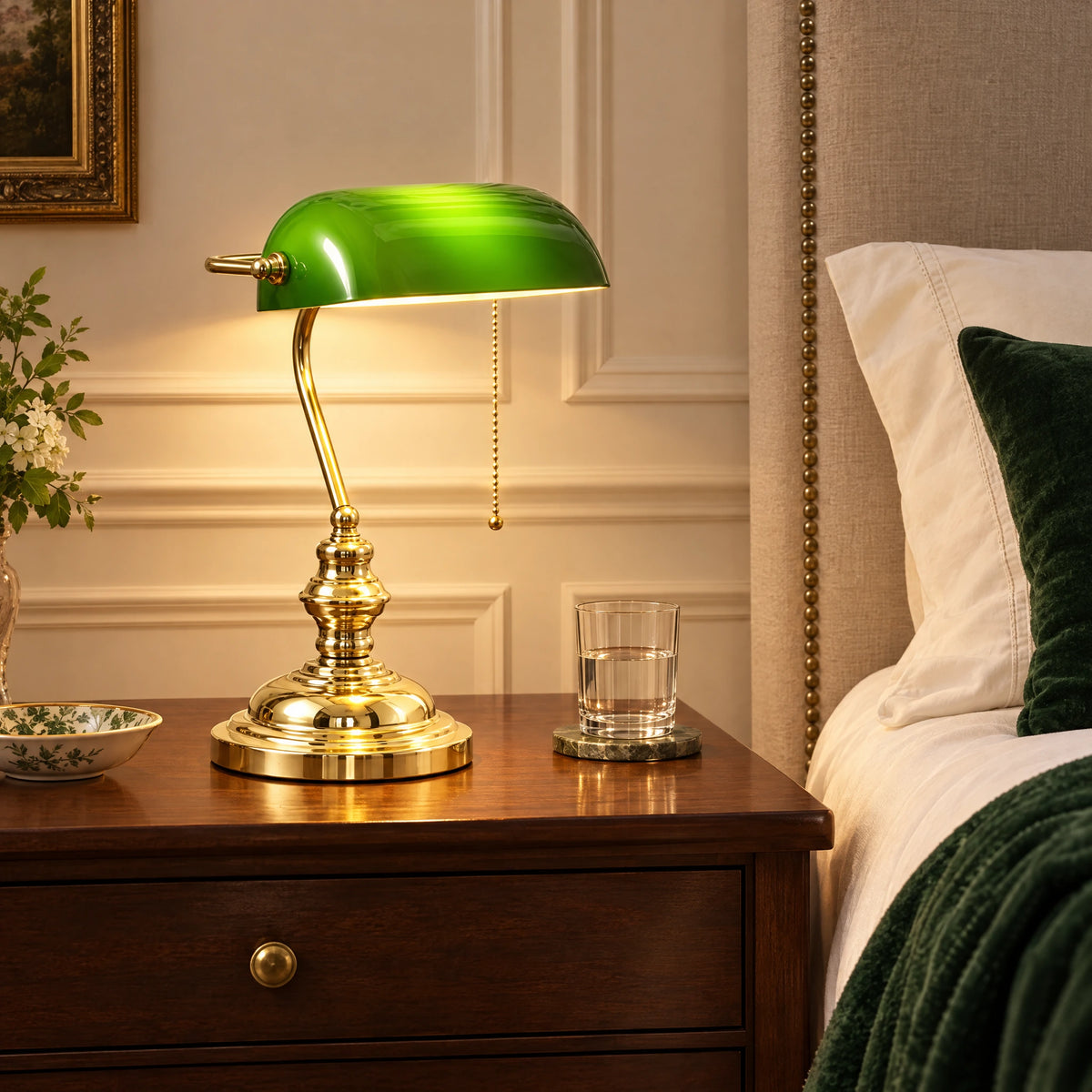 Bankers Lamp - Gold + Green Glass