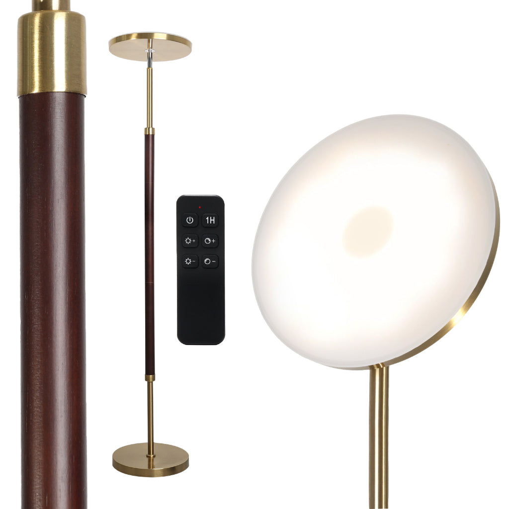 Modern Solid Wood LED Floor Lamp with Remote Control, Dimmable 30W Uplight, 110V US Plug, Acrylic Shade for Living Room & Bedroom