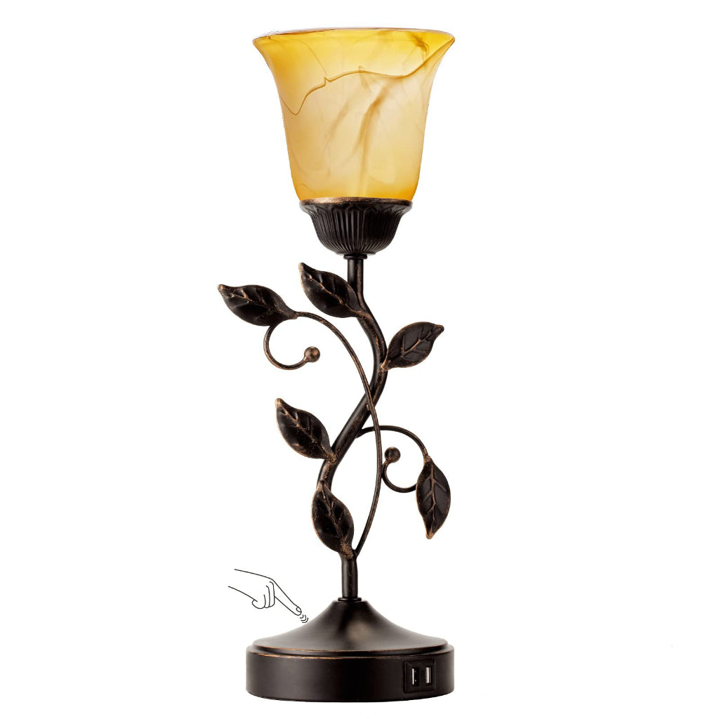 American Retro Floral Leaf Table Lamp with Glass Shade, Dual USB Ports & E26 Base – 110V Bedside Lamp Velumoza