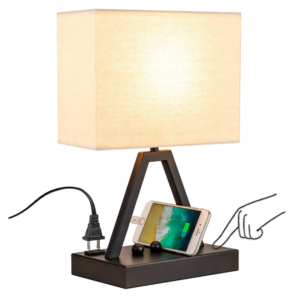 Modern Touch Bedside Table Lamp with USB-A + USB-C Charging, 3-Way Dimming & Fabric Shade Velumoza