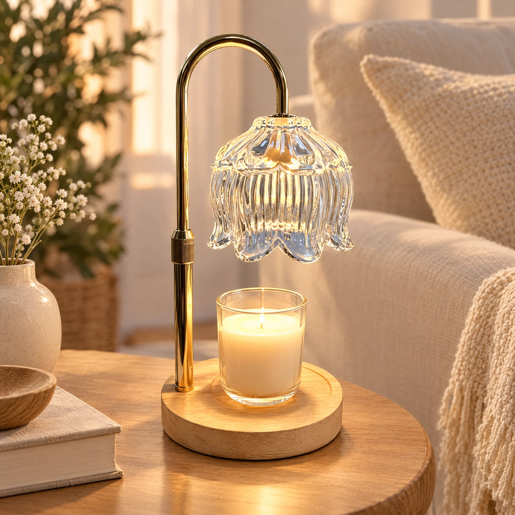 Candle Warmer Table Lamp with Tulip Shade & Solid Wood Base