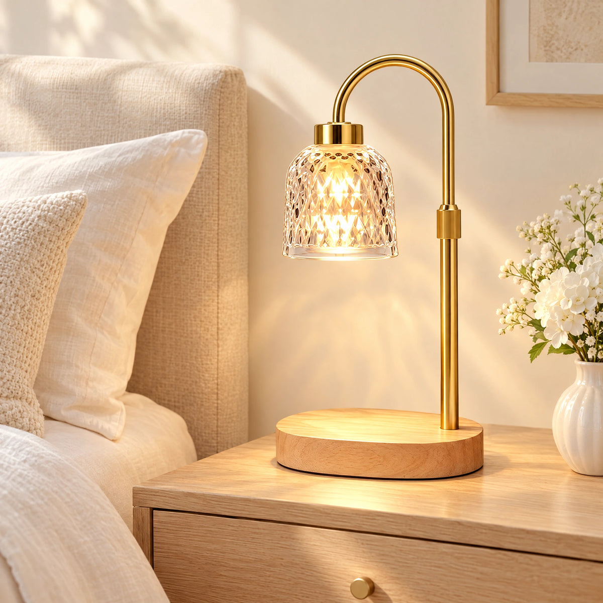 Diamond-Cut Glass Candle Warmer Lamp - Gold Pole, Natural Wood Base