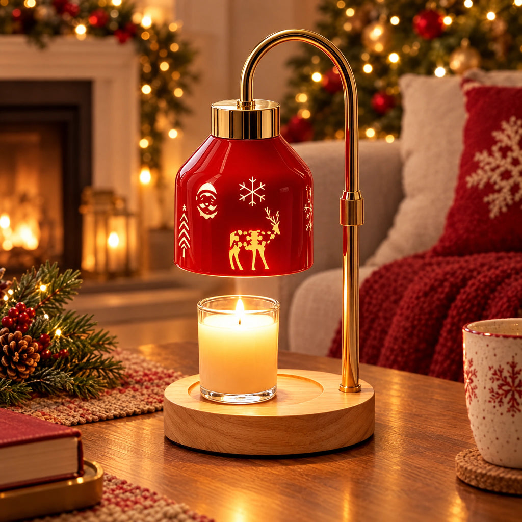 Christmas Candle Warmer Table Lamp with Timer & Wood Base