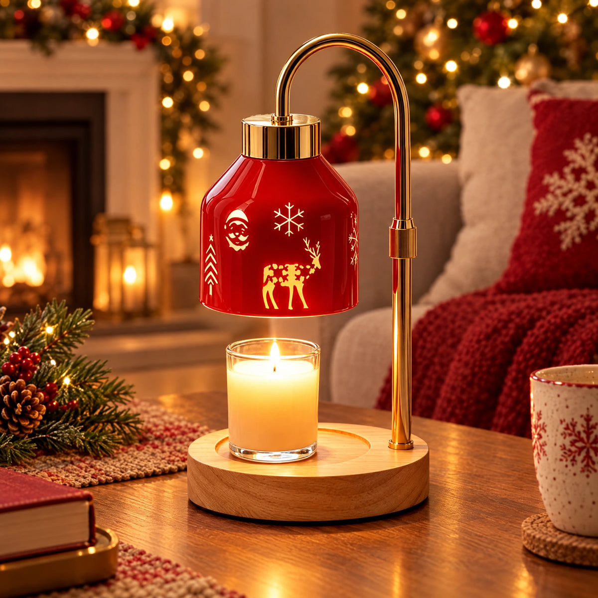 Christmas Candle Warmer Table Lamp with Timer & Wood Base