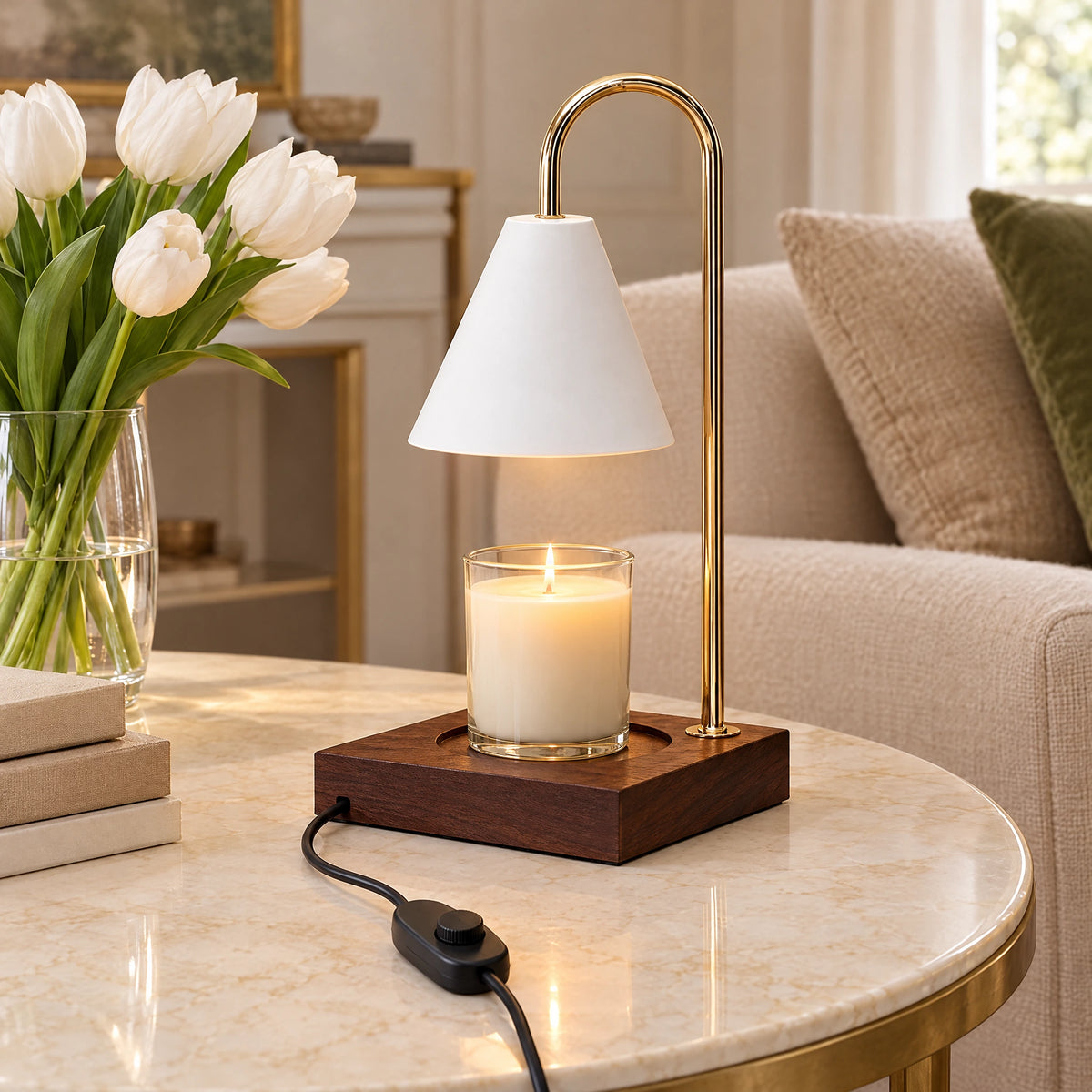 Cone Shade Candle Warmer Lamp - Walnut, White Shade, Dimmer