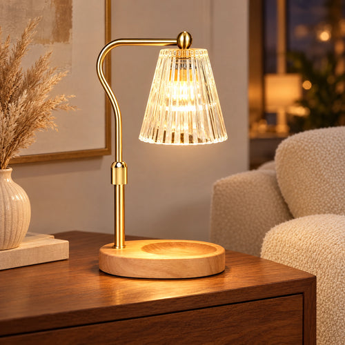 Candle Warmer Table Lamp with Adjustable Height & Ribbed Glass Shade