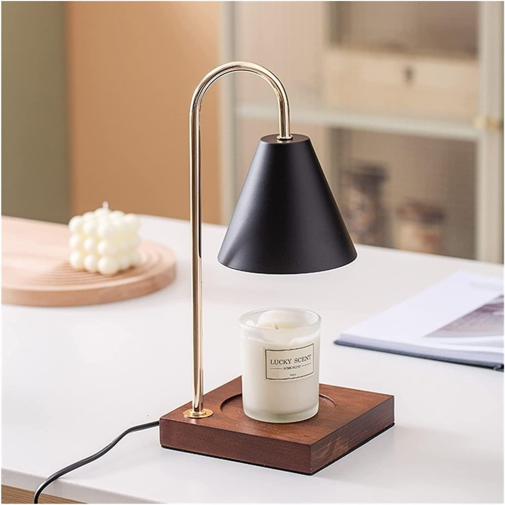 Candle Warmer Table Lamp with Square Solid Wood Base & Cone Shade Velumoza