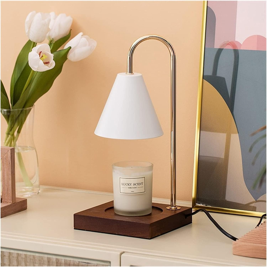 Candle Warmer Table Lamp with Square Solid Wood Base & Cone Shade Velumoza