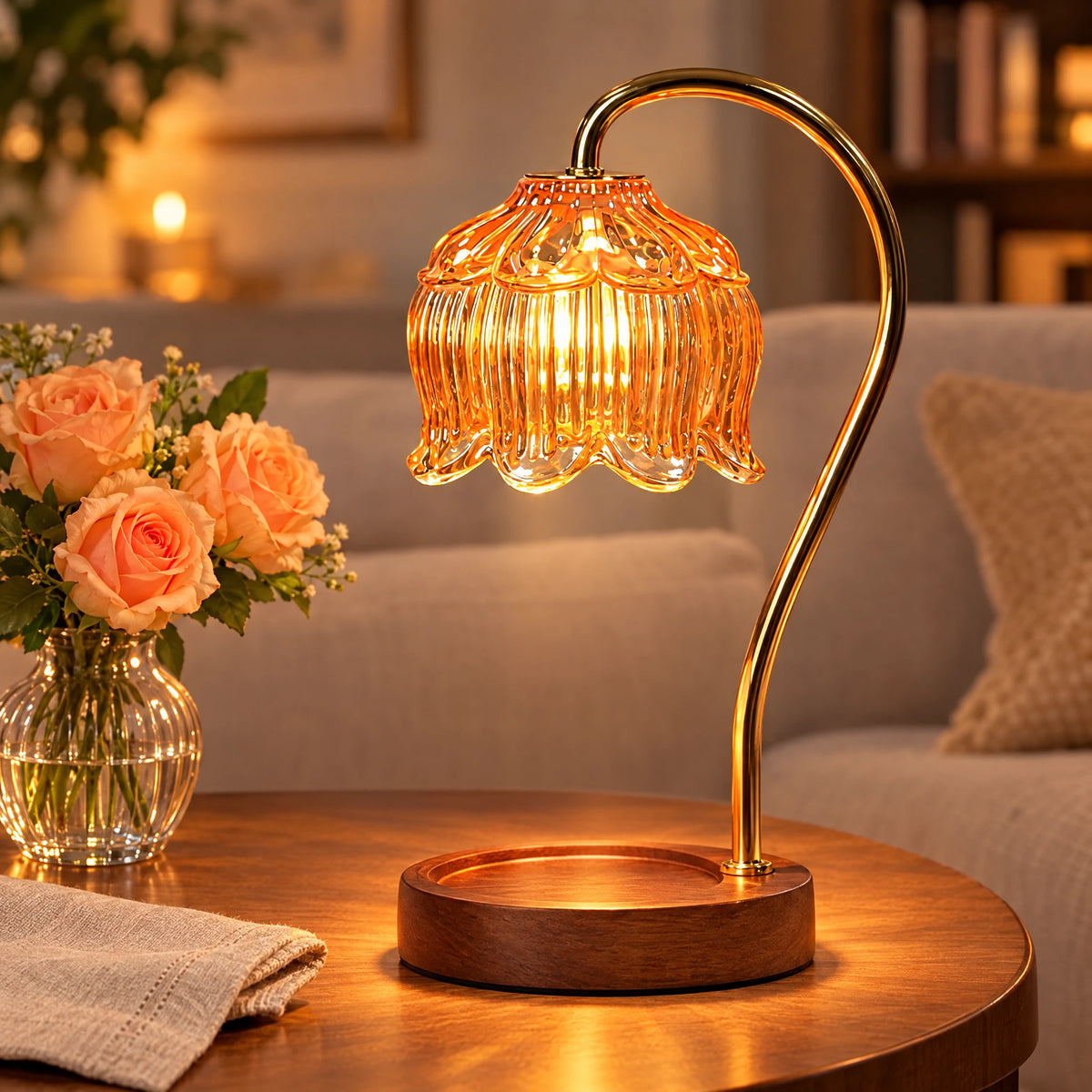 Candle Warmer Lamp - Walnut Base, Eight-Petal Lotus Shade