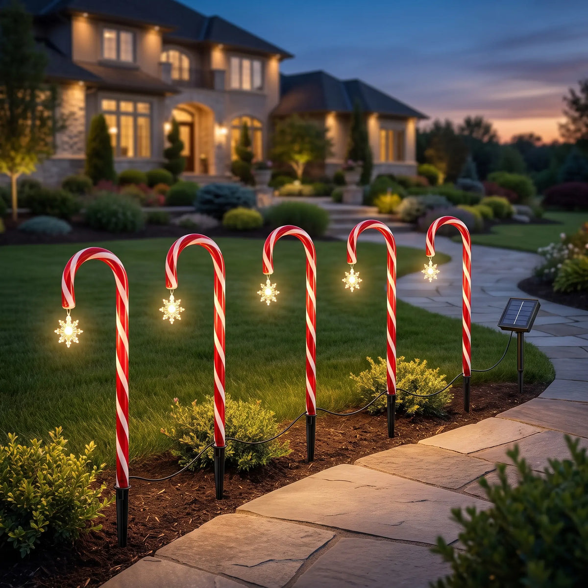 Solar Christmas Candy Cane Pathway Lights - Five Pack with Stars