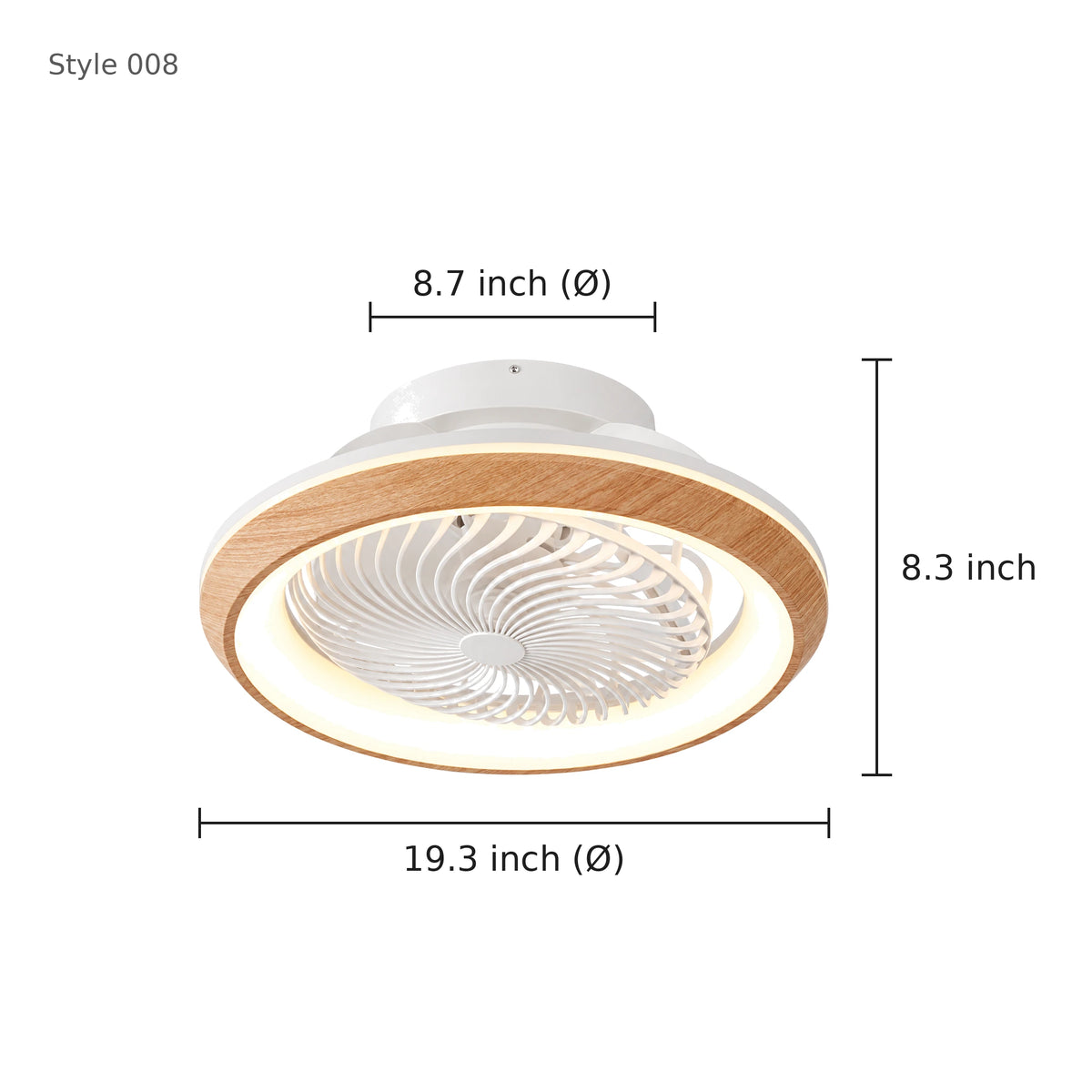 360° Oscillating Ceiling Fan with Light dimensions - Style 008: 19.3 in diameter, 8.3 in height, 8.7 in canopy
