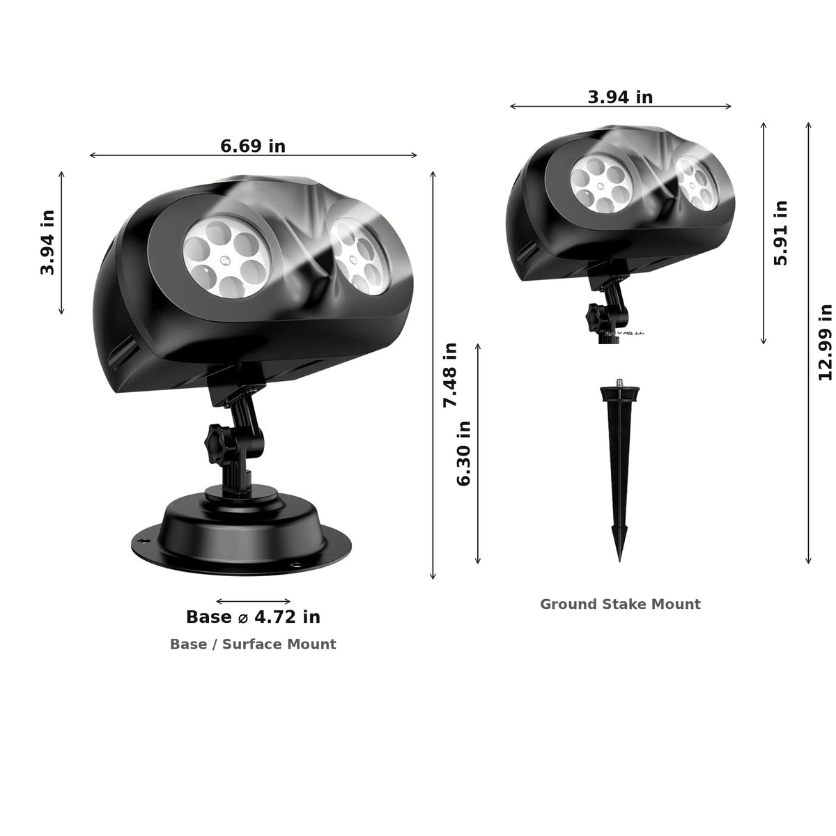 Double-Tube Snowflake Outdoor Christmas Projection Light - Dimensions (Base Mount and Ground Stake Mount)