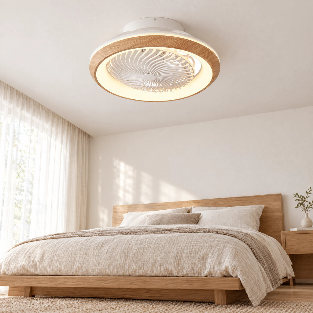 360° Oscillating Ceiling Fan with Light in a Japandi bedroom - Wood Grain