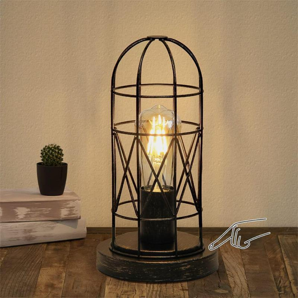 Vintage Industrial Cage Table Lamp – 3-Way Touch Dimmable Metal Bedside Lamp with Edison Style Light Velumoza