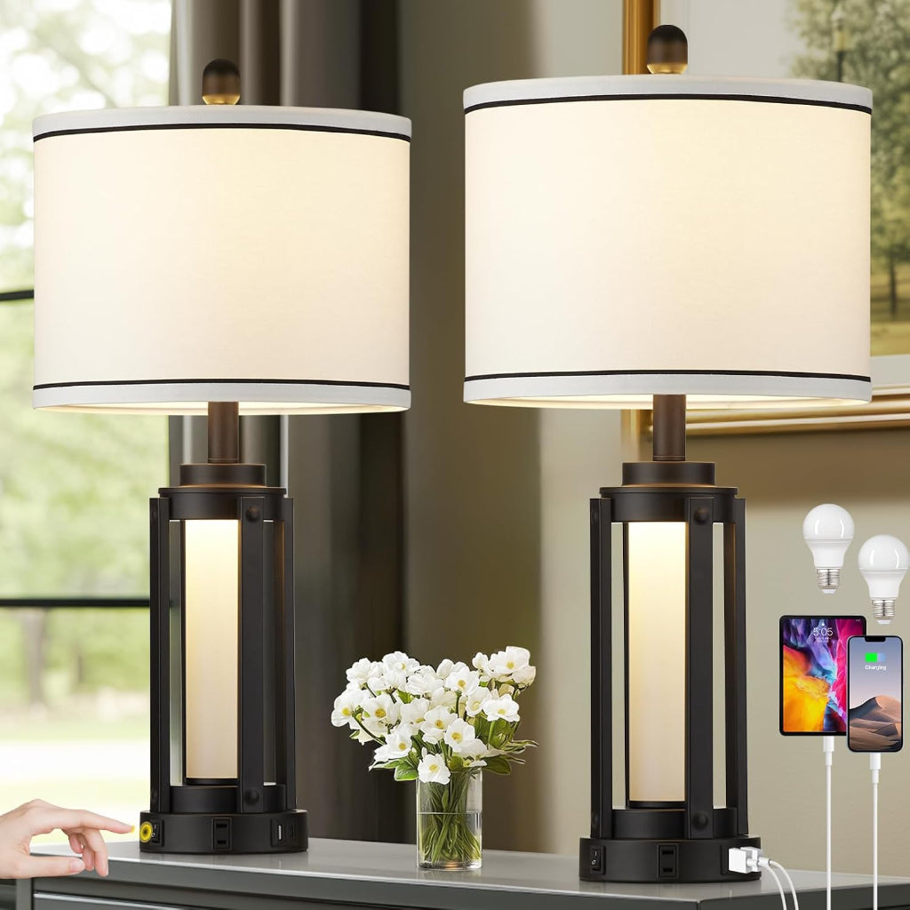 Set of 2 24-Inch Farmhouse Table Lamps with USB-C/A, AC Outlet & Night Light – 110V Velumoza