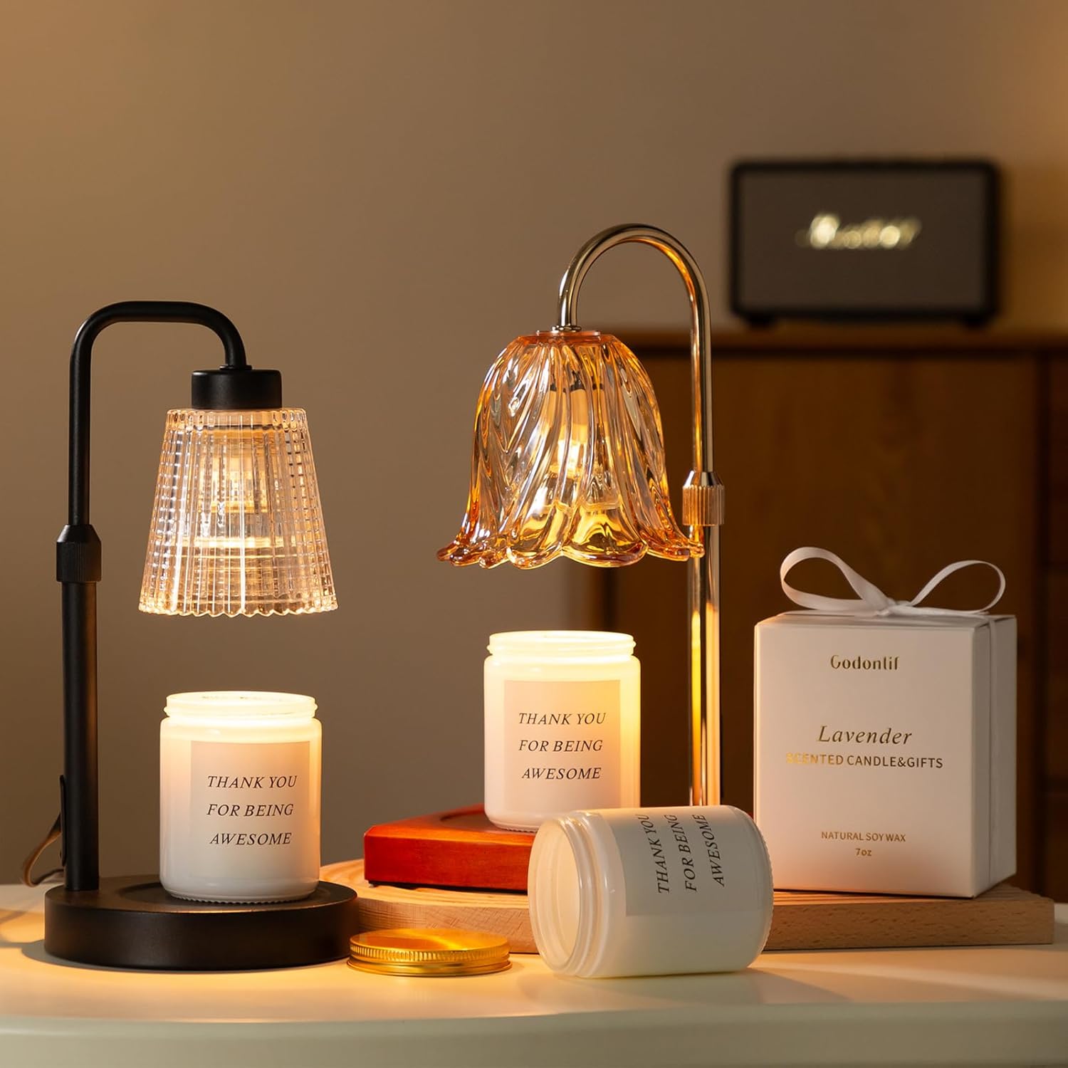 Adjustable Glass Candle Warmer Lamp with Timer & Dimmer, Wooden Base Wax Melt Lamp