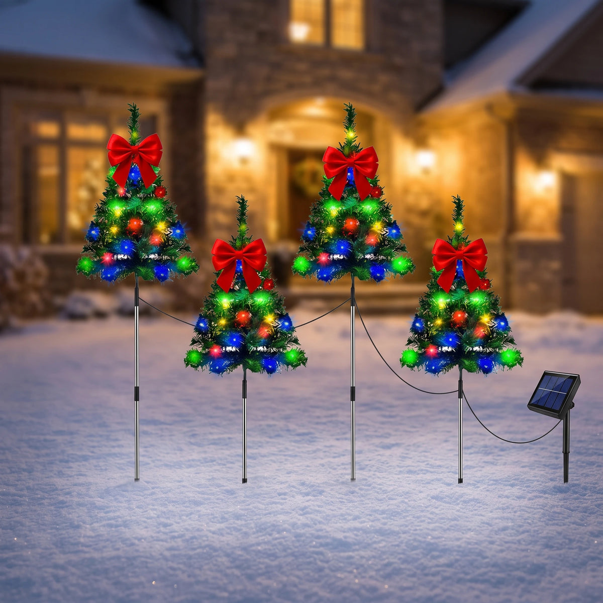 Solar Christmas Lights Tree Stakes, Stainless Steel — Four-piece 86cm Christmas tree (with colored lights and bows)