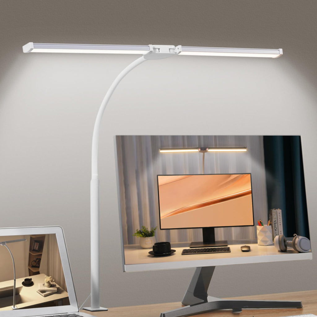 Dual Head USB Clip-On LED Desk Lamp with Touch Control and Flexible Gooseneck for Reading Velumoza