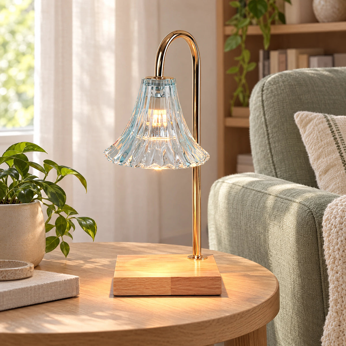 Candle Warmer Lamp - Natural Wood Base, Cyan Morning Glory Shade