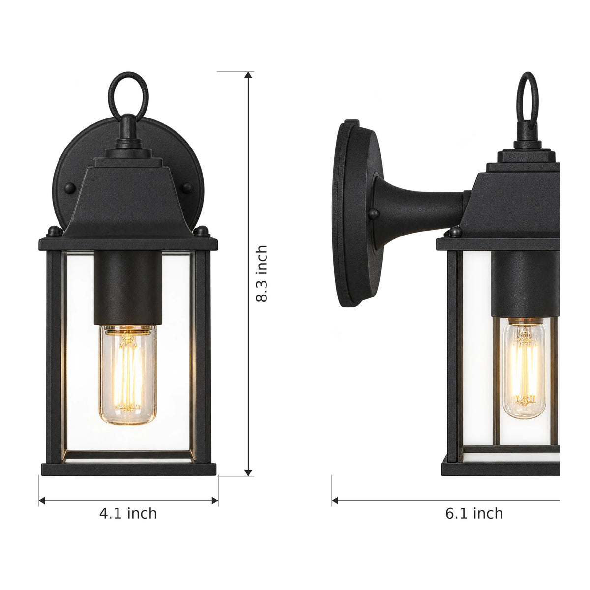 Black Outdoor Wall Lantern with Clear Glass and Three-Color LED Bulb - Dimensions