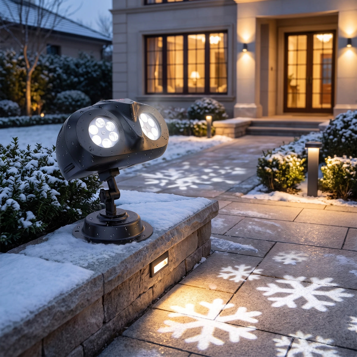 Double-Tube Snowflake Outdoor Christmas Projection Light on Stone Ledge, Villa Exterior at Dusk