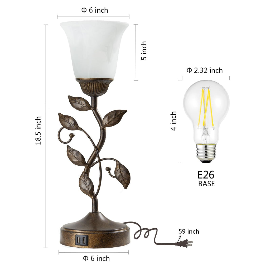 American Retro Floral Leaf Table Lamp with Glass Shade, Dual USB Ports & E26 Base – 110V Bedside Lamp Velumoza