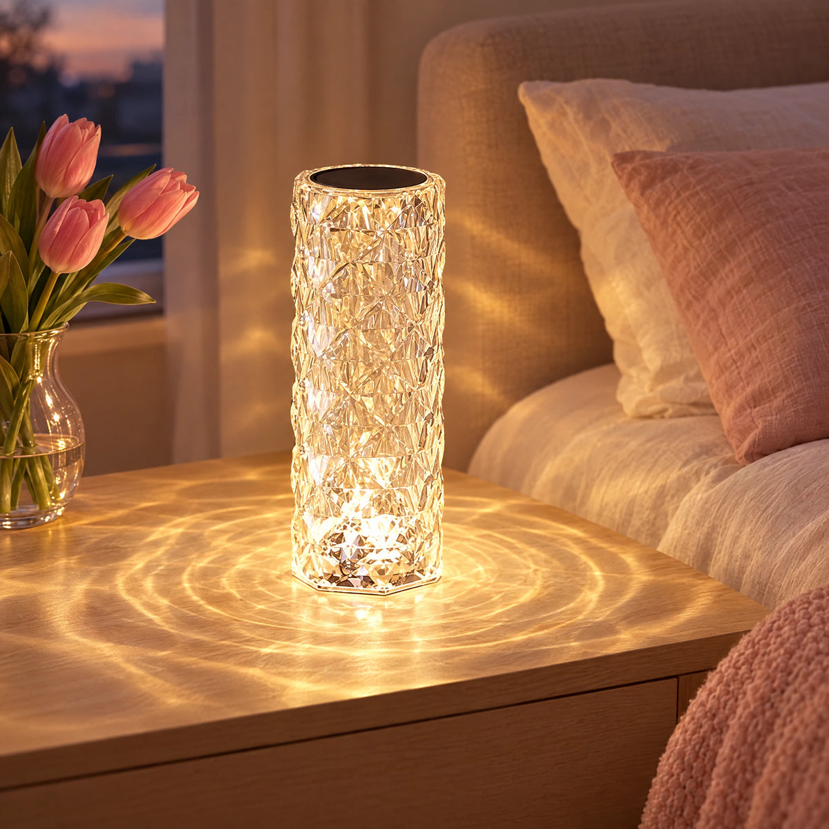 Rose Touch Lamp - clear faceted rechargeable ambient light on a bedside table