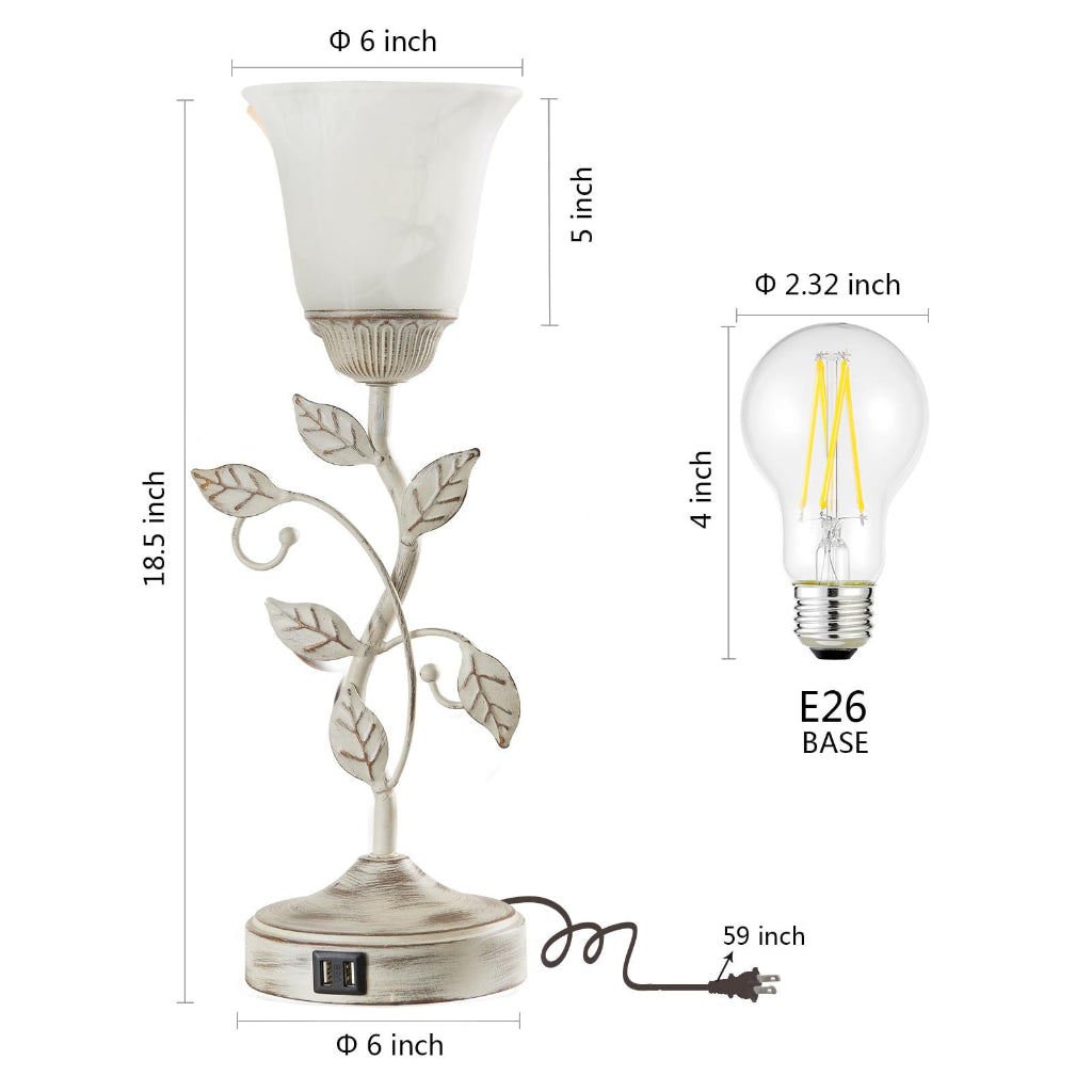 American Retro Floral Leaf Table Lamp with Glass Shade, Dual USB Ports & E26 Base – 110V Bedside Lamp Velumoza