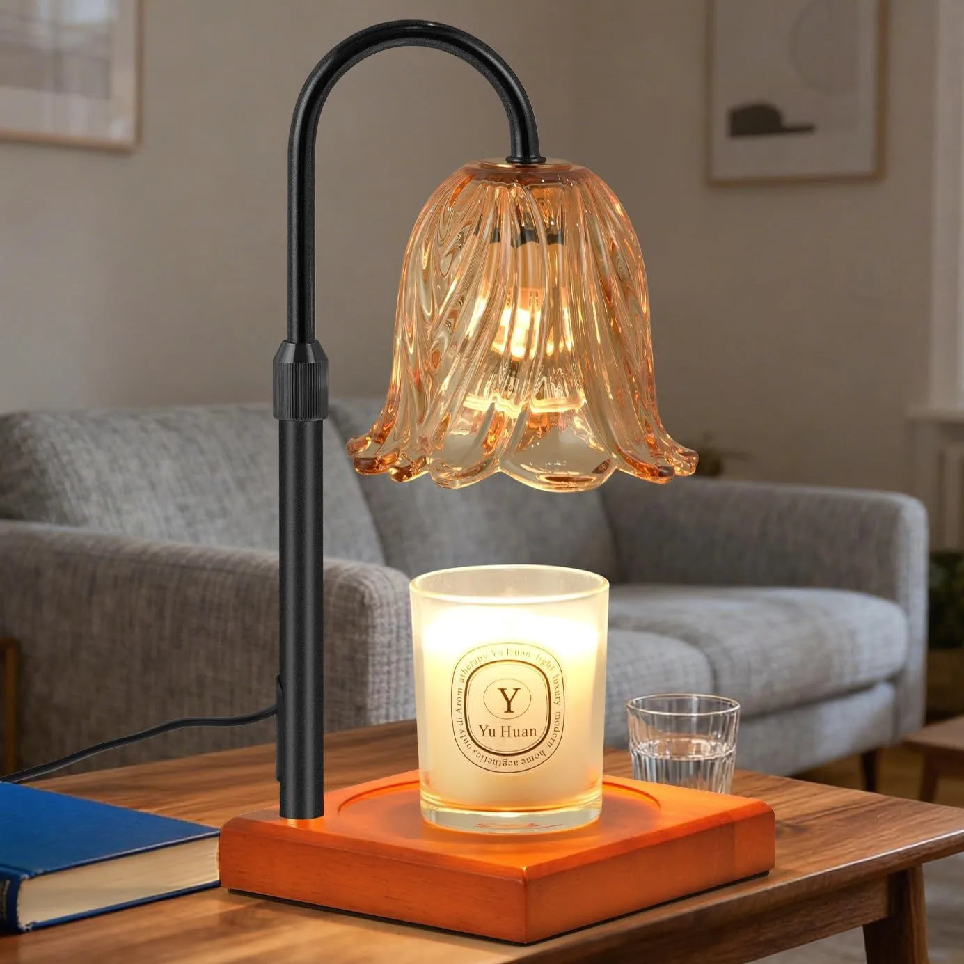 Adjustable Glass Candle Warmer Lamp with Timer & Dimmer, Wooden Base Wax Melt Lamp