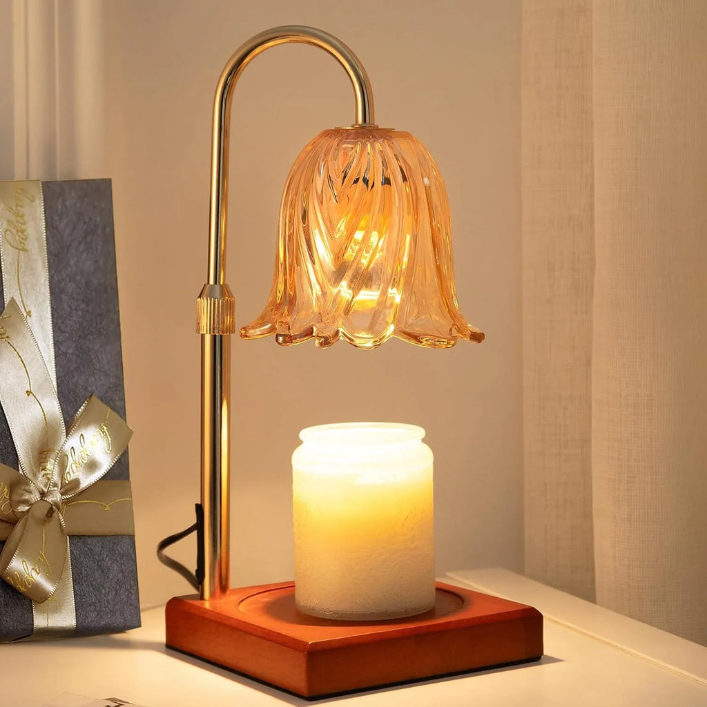 Adjustable Glass Candle Warmer Lamp with Timer & Dimmer, Wooden Base Wax Melt Lamp