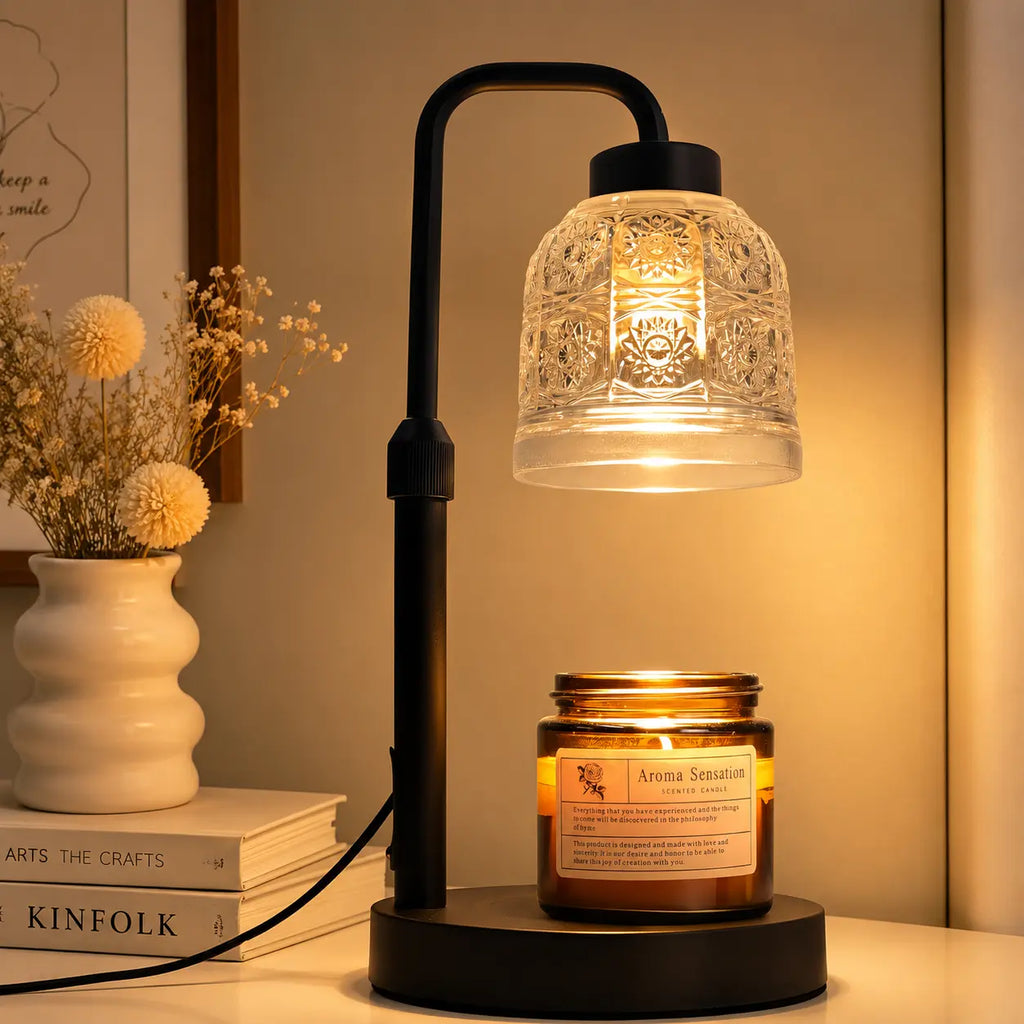 Adjustable Glass Candle Warmer Lamp with Timer & Dimmer, Wooden Base Wax Melt Lamp