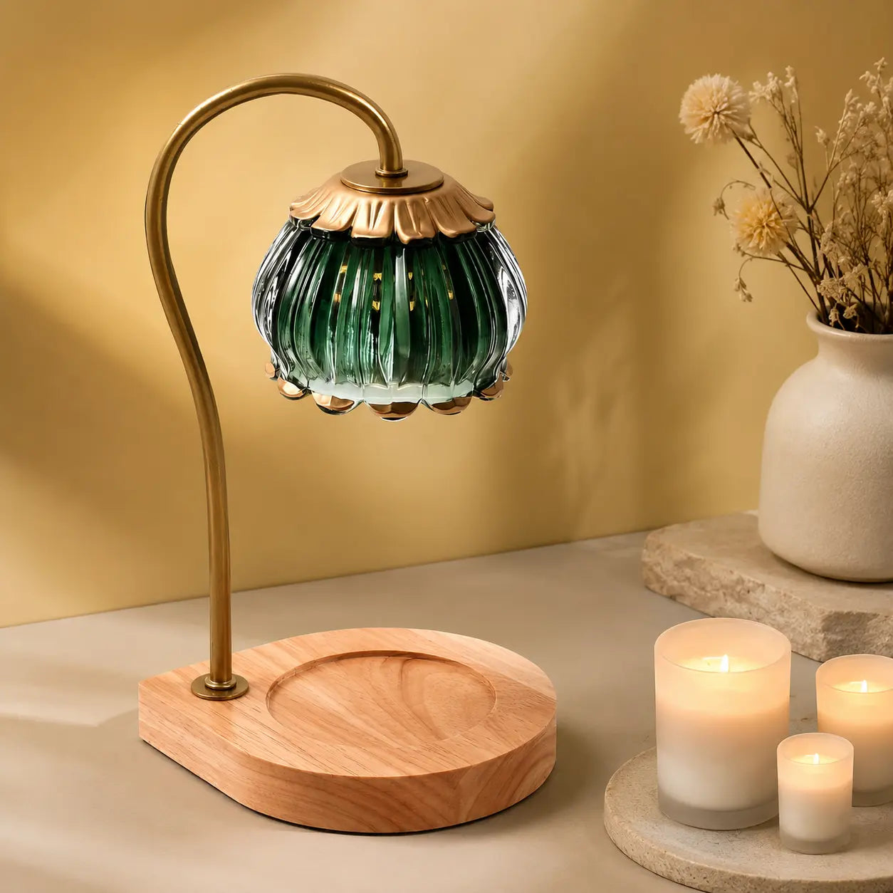 Adjustable Glass Candle Warmer Lamp with Timer & Dimmer, Wooden Base Wax Melt Lamp